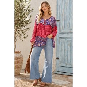 Free People Tunic Women Medium Red Floral Boho Bell Sleeve Mixed Print Blouse